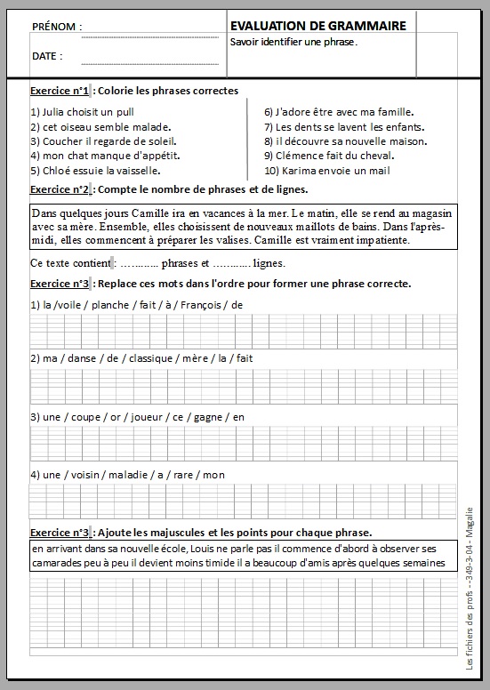 Evaluation CE2 : La Phrase (corrig Imprimer)