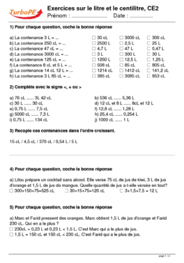 Exercices sur le litre et le centilitre, CE2